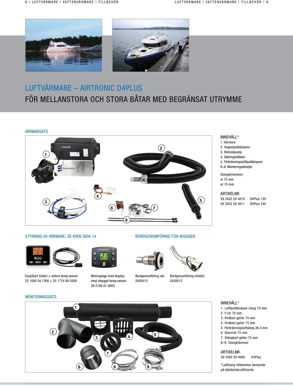 Monteringsdetaljer Slangdimension: in mm ut mm 9 0 00 DPlus V 9 0 0 DPlus V Styrning av värmare, se även sida Bordgenomföring för avgaser EasyStart Select + extern temp.