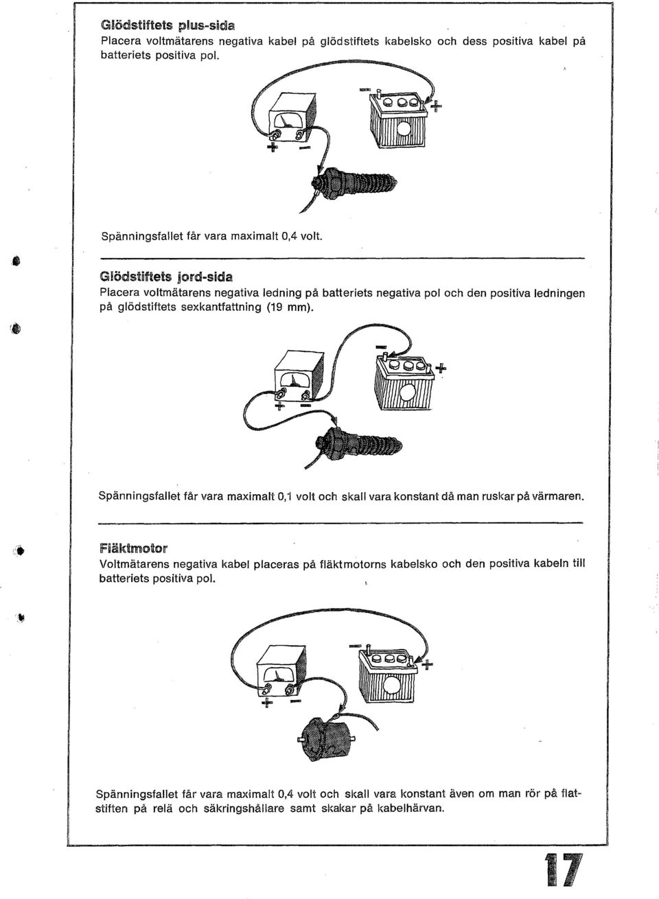 Glödlstöftels jord-sida Placera voltmätarens negativa ledning på batteriets negativa pol och den positiva ledningen på glödstiftets sexkantfattning (19 mm).