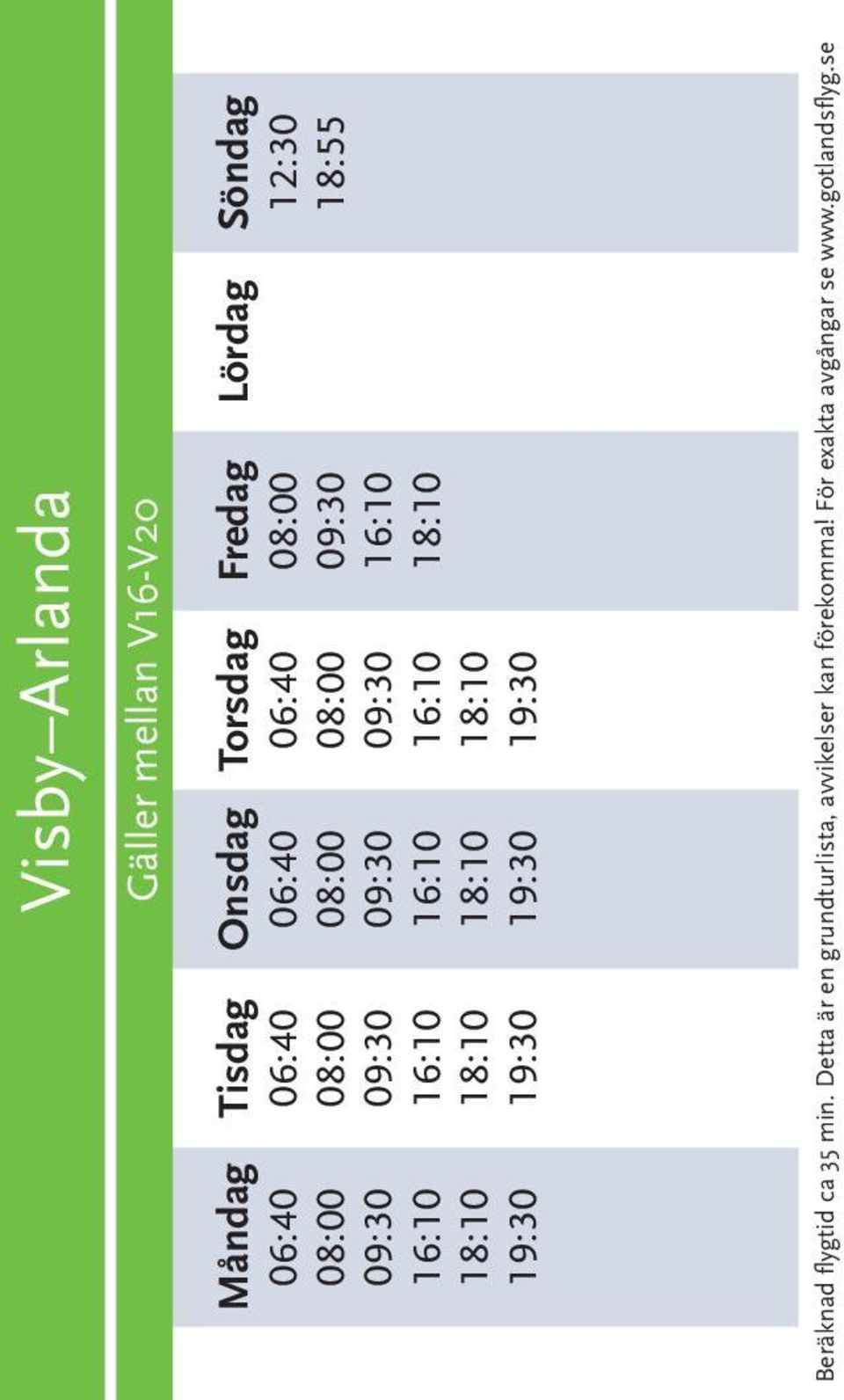 Fredag 08:00 18:10 Lördag Söndag 12:30 18:55 Beräknad flygtid ca 35 min.