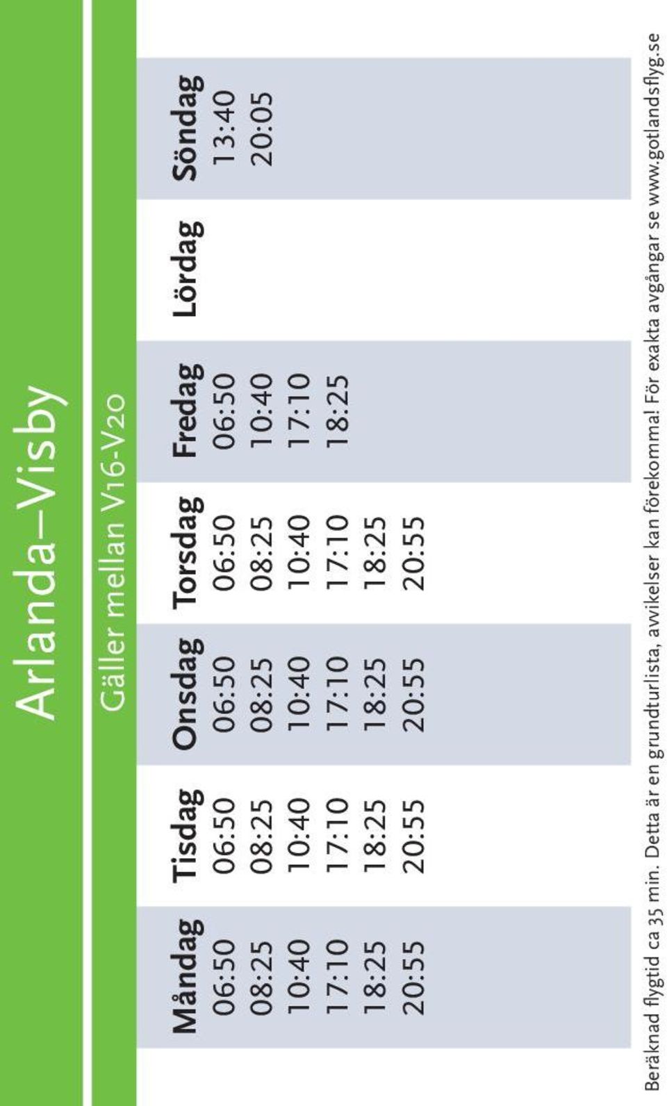 Söndag 13:40 20:05 Beräknad flygtid ca 35 min.