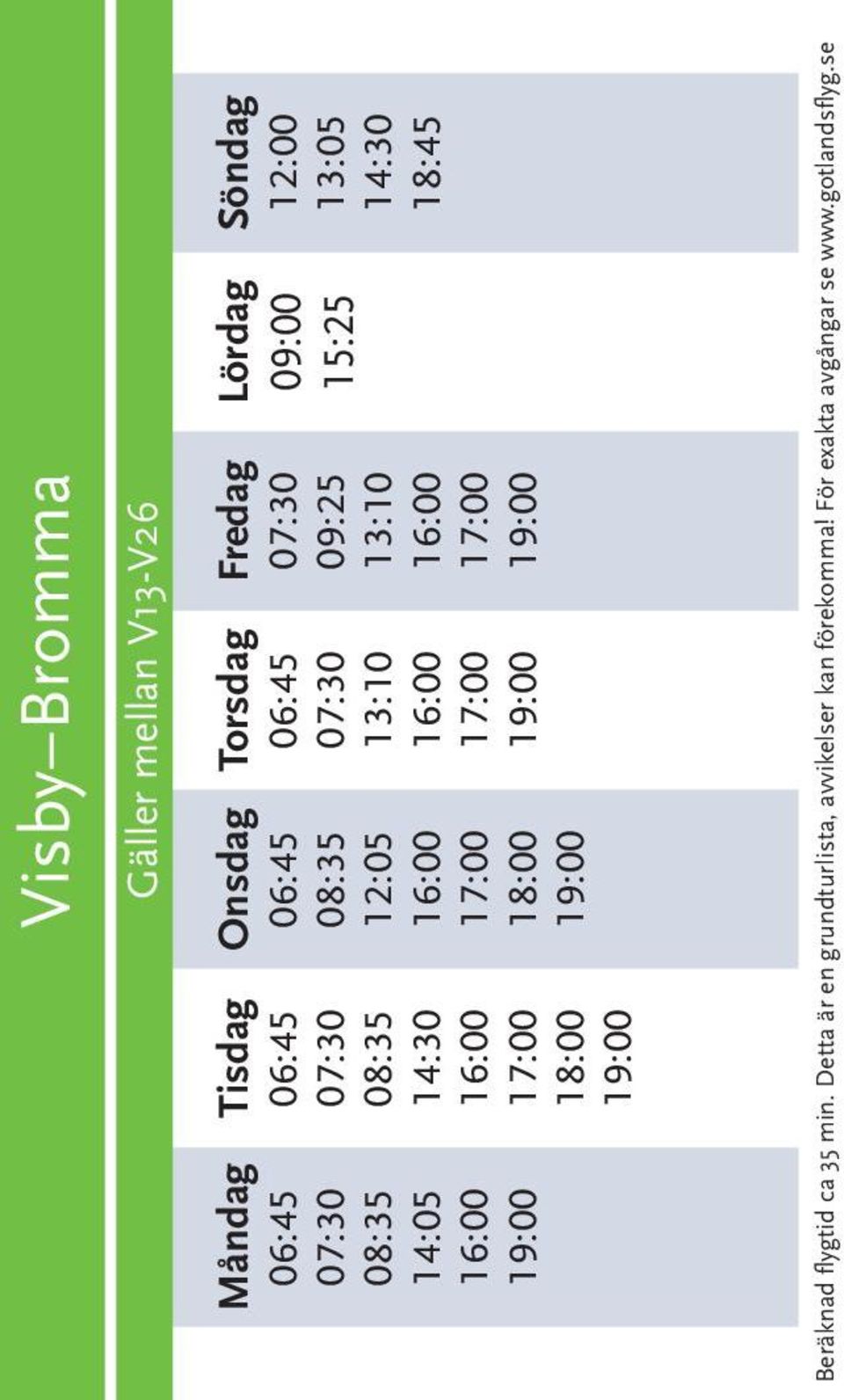 Fredag 07:30 09:25 13:10 16:00 19:00 Lördag 09:00 15:25 Söndag 12:00 13:05 14:30 18:45 Beräknad