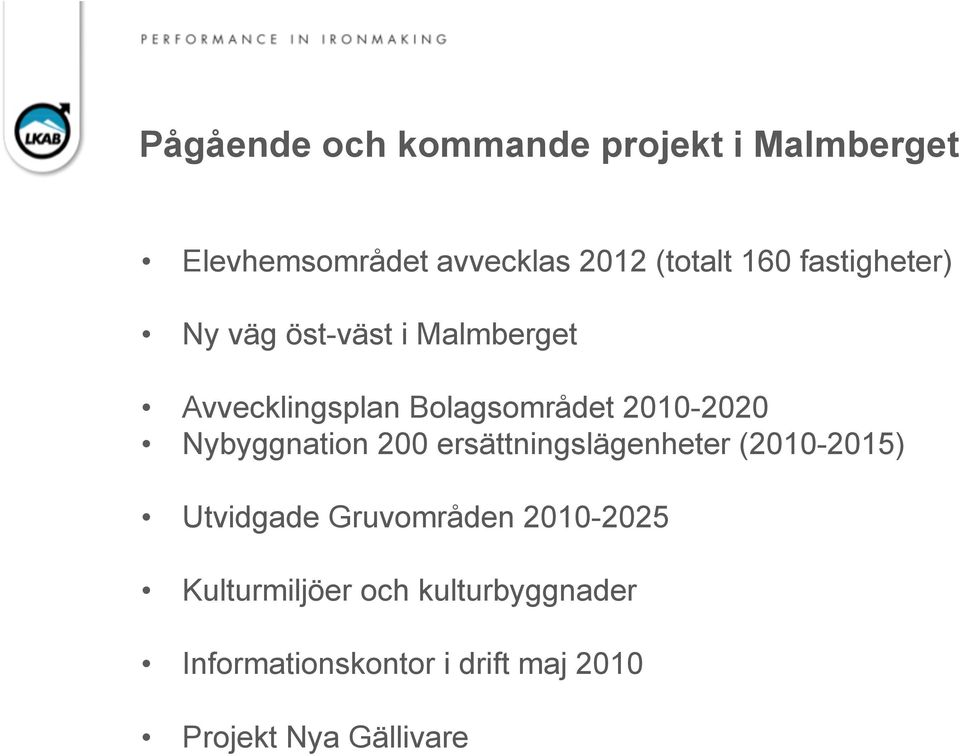 Nybyggnation 200 ersättningslägenheter (2010-2015) Utvidgade Gruvområden 2010-2025