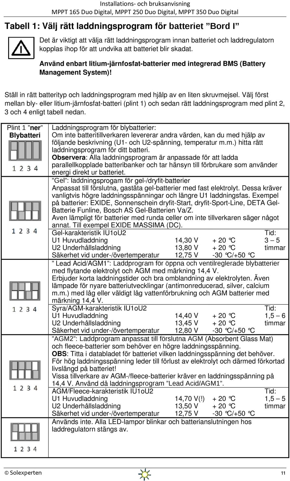 Välj först mellan bly- eller litium-järnfosfat-batteri (plint 1) och sedan rätt laddningsprogram med plint 2, 3 och 4 enligt tabell nedan.