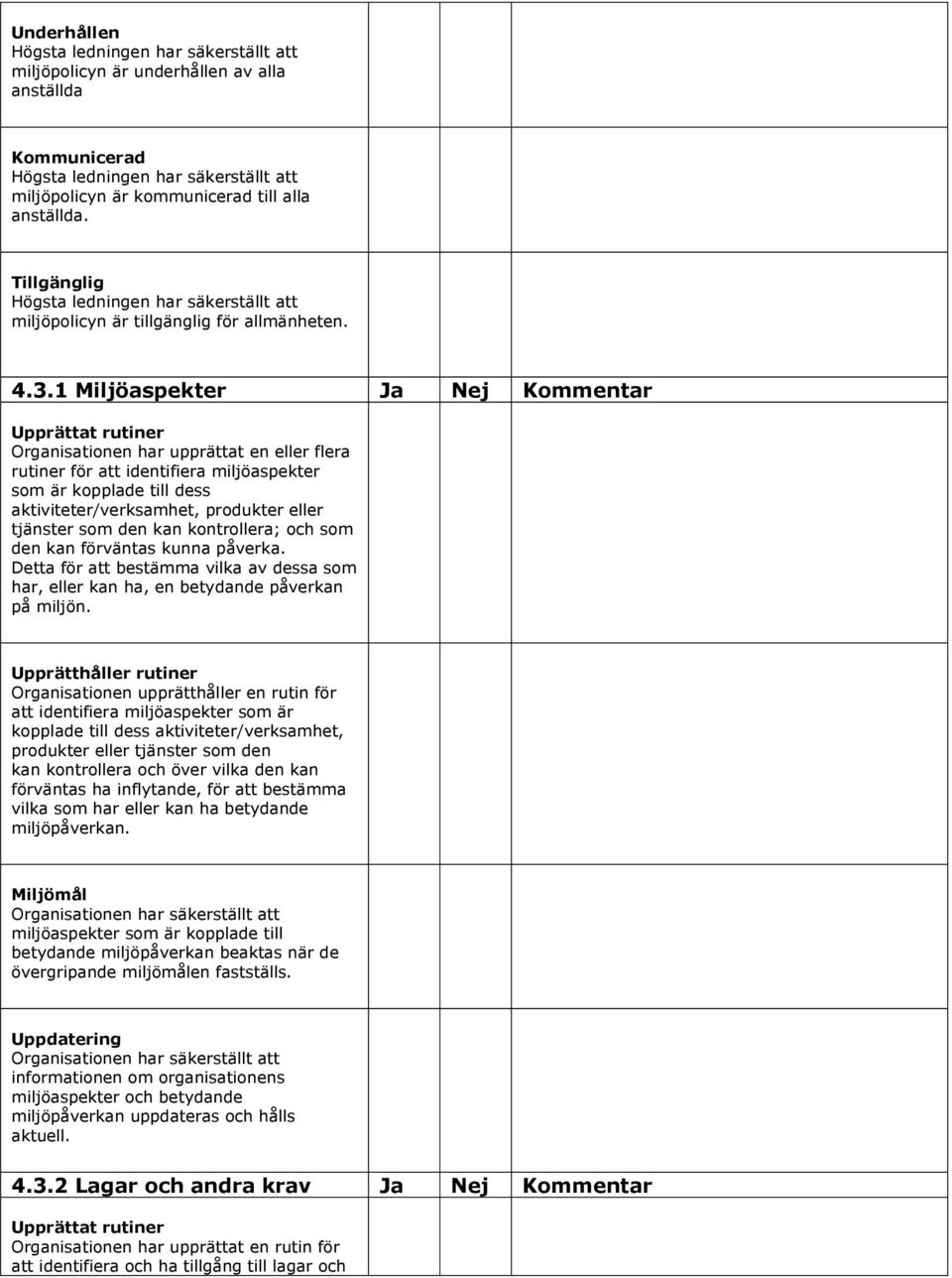 1 Miljöaspekter Upprättat rutiner Organisationen har upprättat en eller flera rutiner för att identifiera miljöaspekter som är kopplade till dess aktiviteter/verksamhet, produkter eller tjänster som