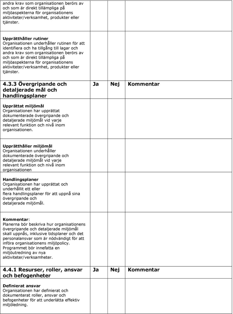 3 Övergripande och detaljerade mål och handlingsplaner Upprättat miljömål Organisationen har upprättat dokumenterade övergripande och detaljerade miljömål vid varje relevant funktion och nivå inom