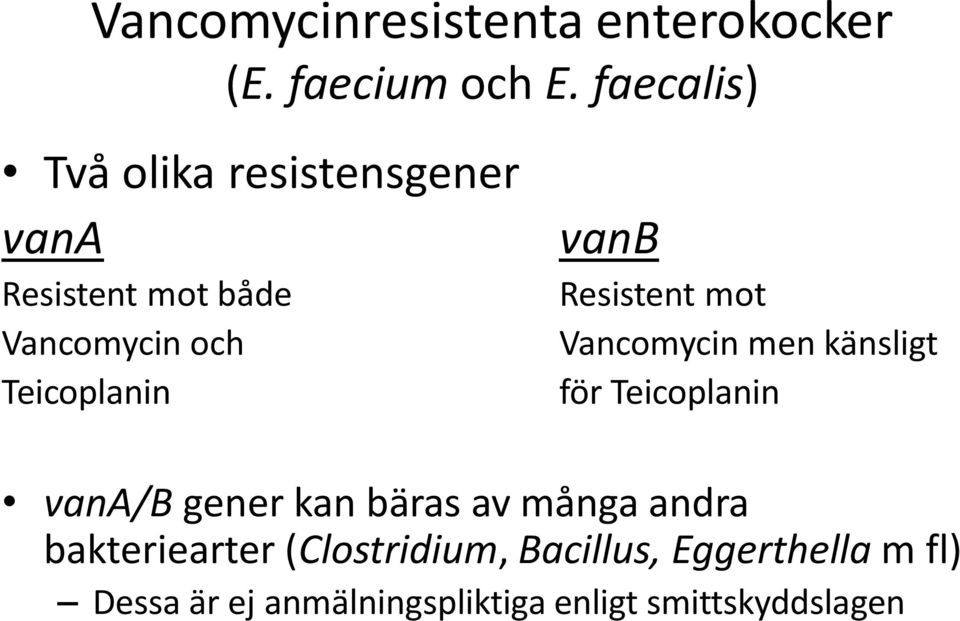 vanb Resistent mot Vancomycin men känsligt för Teicoplanin vana/b gener kan bäras av