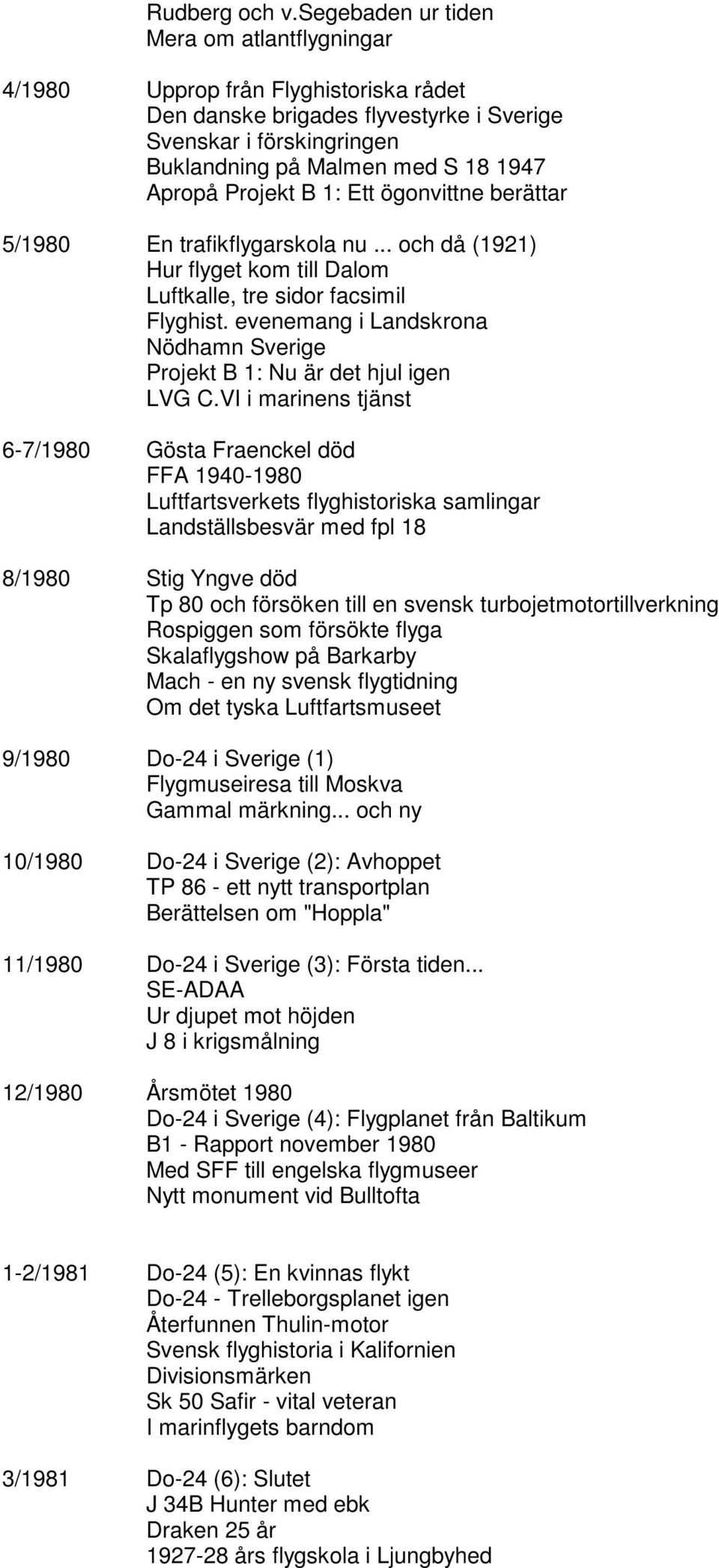 Projekt B 1: Ett ögonvittne berättar 5/1980 En trafikflygarskola nu... och då (1921) Hur flyget kom till Dalom Luftkalle, tre sidor facsimil Flyghist.