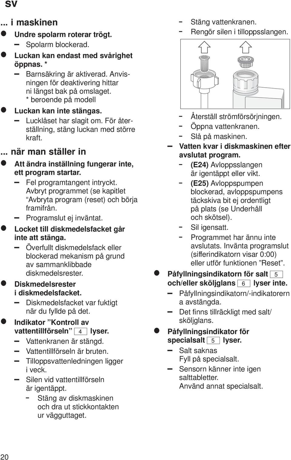 Fel programtangent intryckt. Avbryt programmet (se kapitlet Avbryta program (reset) och börja framifrån. Programslut ej inväntat. Locket till diskmedelsfacket går inte att stänga.