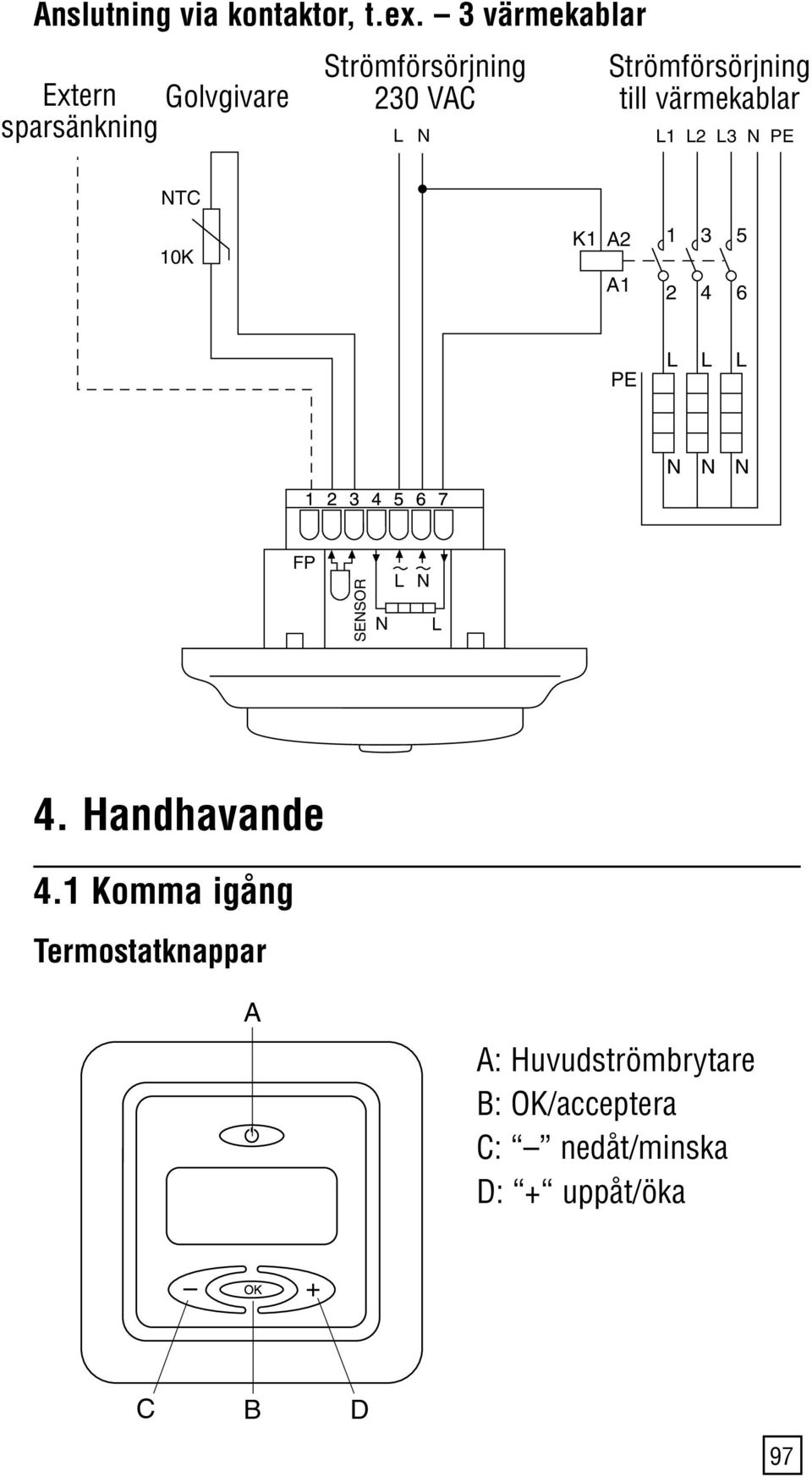 Strömförsörjning till värmekablar L N L1 L2 L3 N PE NTC 10K K1 A2 A1 1 3 5 2 4 6 PE L