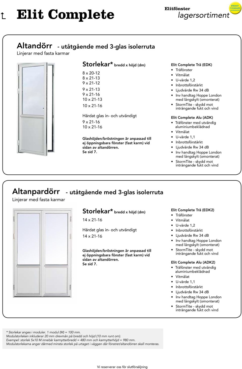 Trä (EDK) Alu (ADK) med utvändig Altanpardörr Linjerar med fasta karmar - utåtgående med 3-glas isolerruta 14 x 21-16 Härdat glas in- och utvändigt 14 x