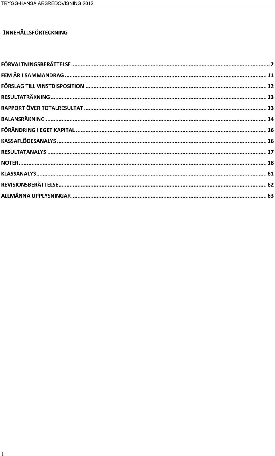 .. 13 RAPPORT ÖVER TOTALRESULTAT... 13 BALANSRÄKNING... 14 FÖRÄNDRING I EGET KAPITAL.