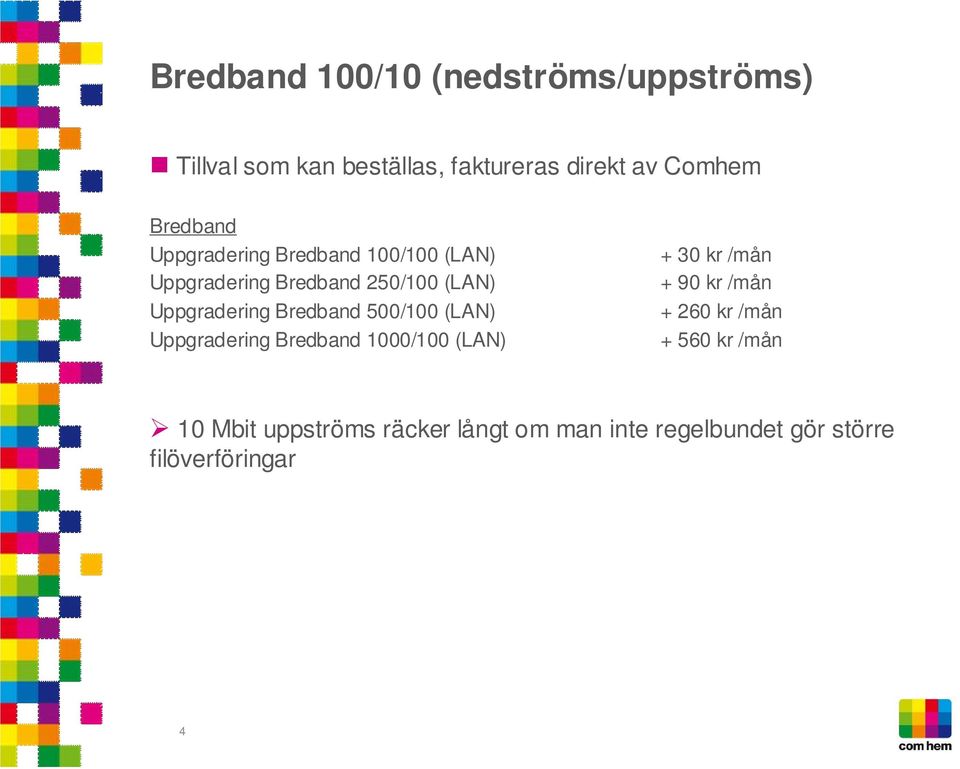 Bredband 500/100 (LAN) Uppgradering Bredband 1000/100 (LAN) + 30 kr /mån + 90 kr /mån + 260 kr