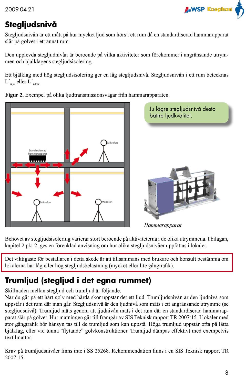 Stegljudsnivån i ett rum betecknas L n,w eller L nt,w Figur 2. Exempel på olika ljudtransmissionsvägar från hammarapparaten. Ju lägre stegljudsnivå desto bättre ljudkvalitet.