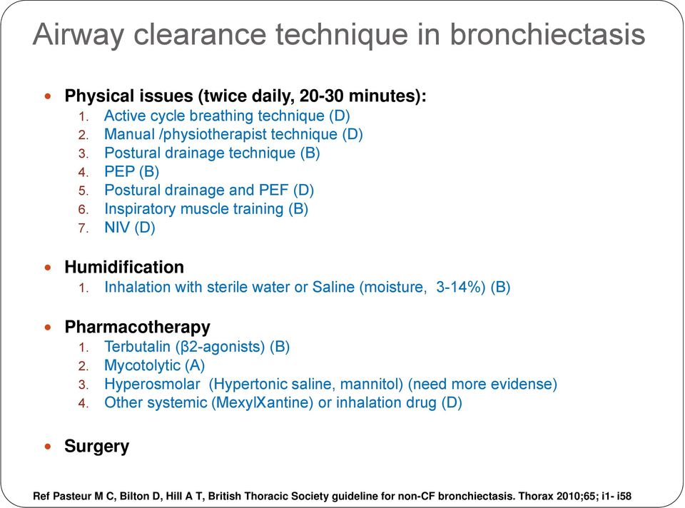 Inhalation with sterile water or Saline (moisture, 3-14%) (B) Pharmacotherapy 1. Terbutalin (β2-agonists) (B) 2. Mycotolytic (A) 3.