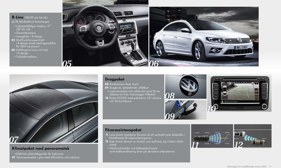 samt första hjälpen-kit från Volkswagen Tillbehör 10 Radio RCD510 med pekskärm, CD-växlare och SD-kortläsare 08 09 10 Förarassistanspaket 07 Klimatpaket med panoramatak Elektrisk solskydds gardin för