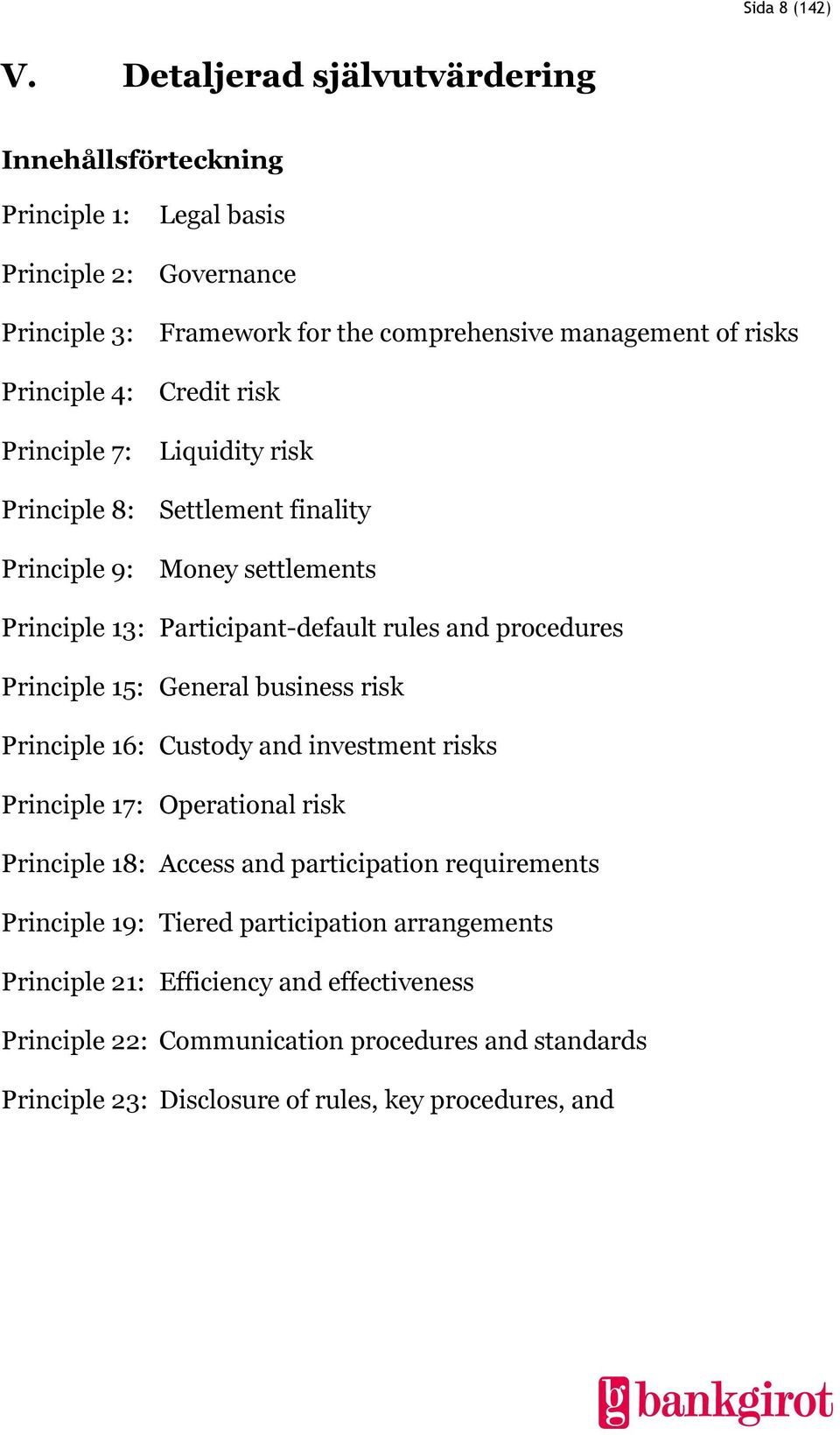 Credit risk Principle 7: Liquidity risk Principle 8: Settlement finality Principle 9: Money settlements Principle 13: Participant-default rules and procedures Principle 15: