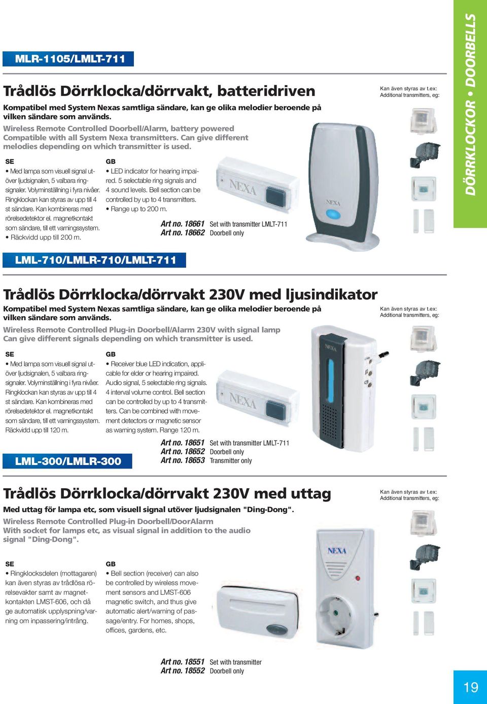 Med lampa som visuell signal utöver ljudsignalen, 5 valbara ringsignaler. Volyminställning i fyra nivåer. Ringklockan kan styras av upp till 4 st sändare. Kan kombineras med rörelsedetektor el.