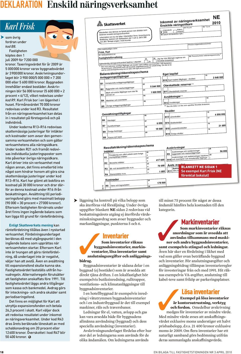 Byggnaden innehåller endast bostäder. Avskrivningen blir 56 000 kronor (5 600 000 2 procent 6/12), vilket redovisas under kod R9. Karl Frisk bor i en lägenhet i huset.