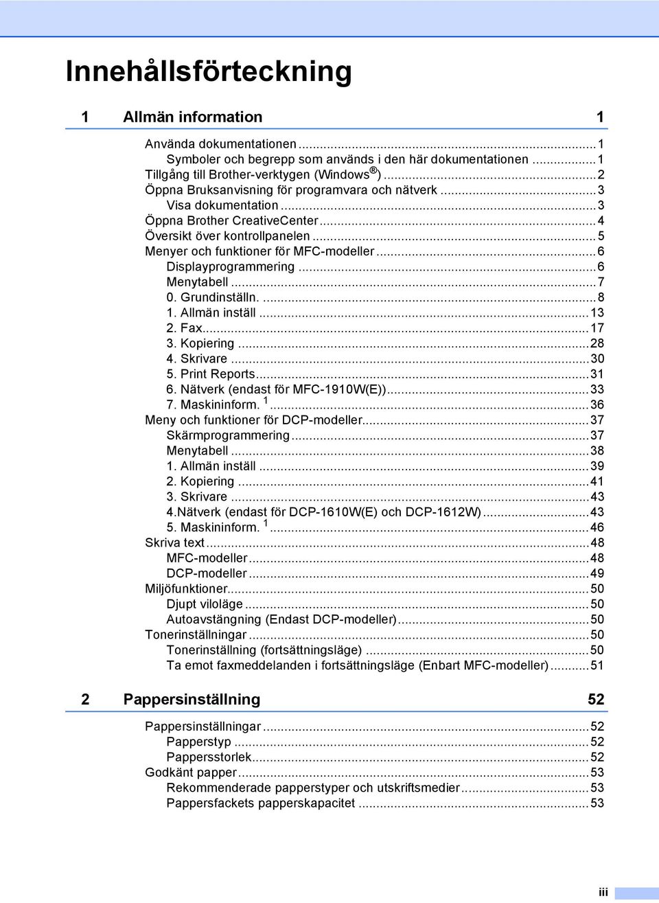 .. 6 Displayprogrammering...6 Menytabell...7 0. Grundinställn....8 1. Allmän inställ...13 2. Fax...17 3. Kopiering...28 4. Skrivare...30 5. Print Reports...31 6. Nätverk (endast för MFC-1910W(E)).