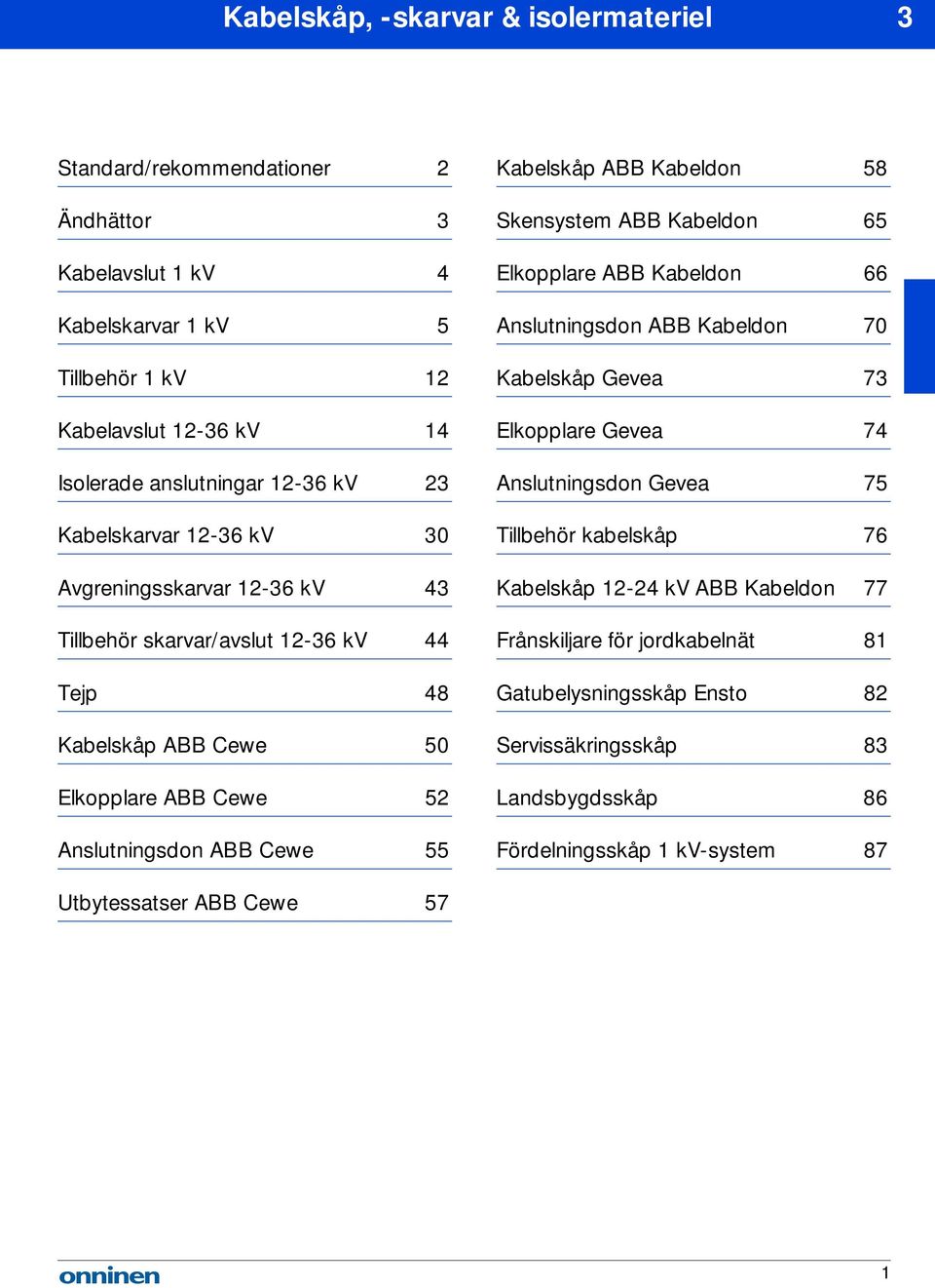 ABB Kabeldon 58 Skensystem ABB Kabeldon 65 Elkopplare ABB Kabeldon 66 Anslutningsdon ABB Kabeldon 70 Kabelskåp Gevea 73 Elkopplare Gevea 74 Anslutningsdon Gevea 75 Tillbehör kabelskåp 76