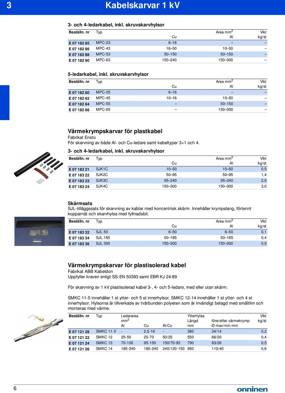 nr Typ Area 2 Cu Al E 07 182 60 MPC-25 6 16 E 07 182 62 MPC-45 10 16 10 50 E 07 182 64 MPC-55 50 150 E 07 182 66 MPC-65 150 300 Värmekrympskarvar för plastkabel Fabrikat Ensto För skarvning av både