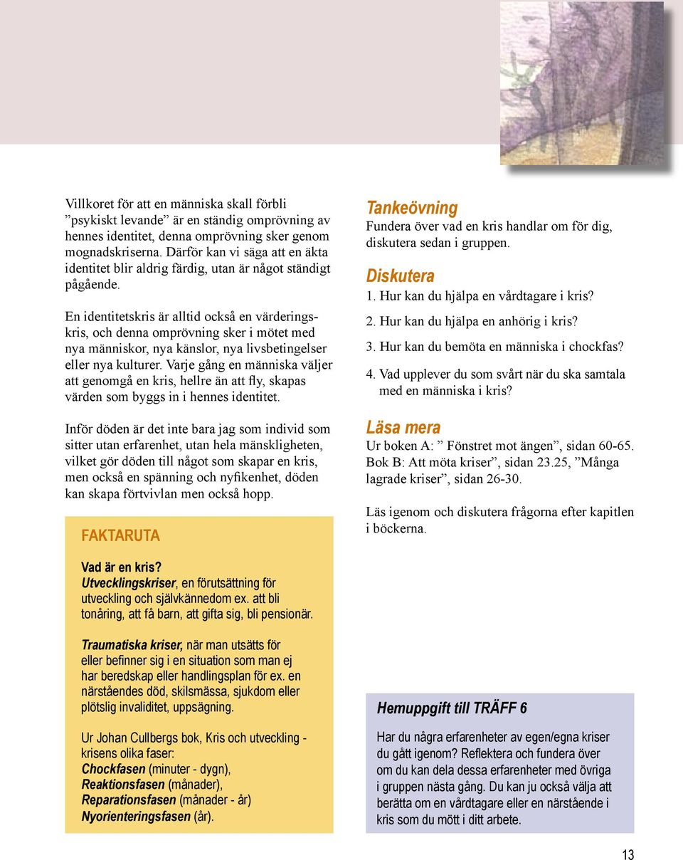 En identitetskris är alltid också en värderingskris, och denna omprövning sker i mötet med nya människor, nya känslor, nya livsbetingelser eller nya kulturer.