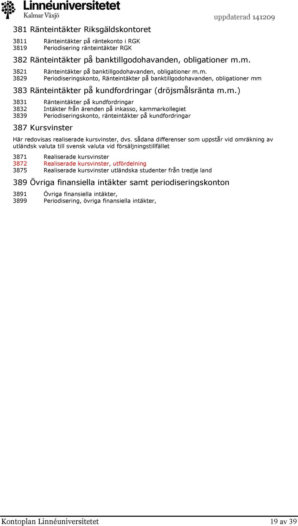 m.) 3831 Ränteintäkter på kundfordringar 3832 Intäkter från ärenden på inkasso, kammarkollegiet 3839 Periodiseringskonto, ränteintäkter på kundfordringar 387 Kursvinster Här redovisas realiserade
