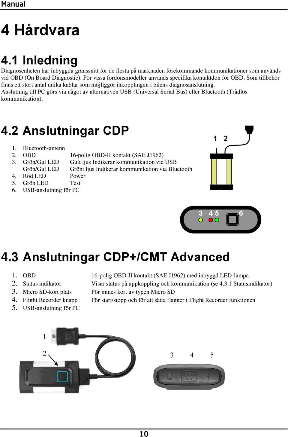 Anslutning till PC görs via något av alternativen USB (Universal Serial Bus) eller Bluetooth (Trådlös kommunikation). 4.2 Anslutningar CDP 1. Bluetooth-antenn 2.