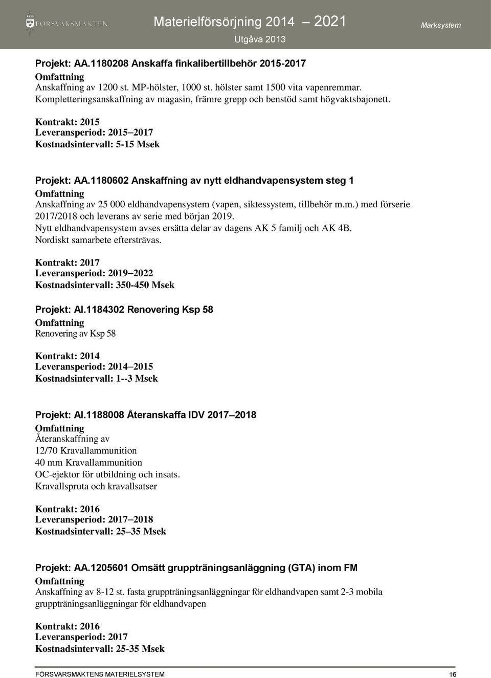 1180602 Anskaffning av nytt eldhandvapensystem steg 1 Anskaffning av 25 000 eldhandvapensystem (vapen, siktessystem, tillbehör m.m.) med förserie 2017/2018 och leverans av serie med början 2019.