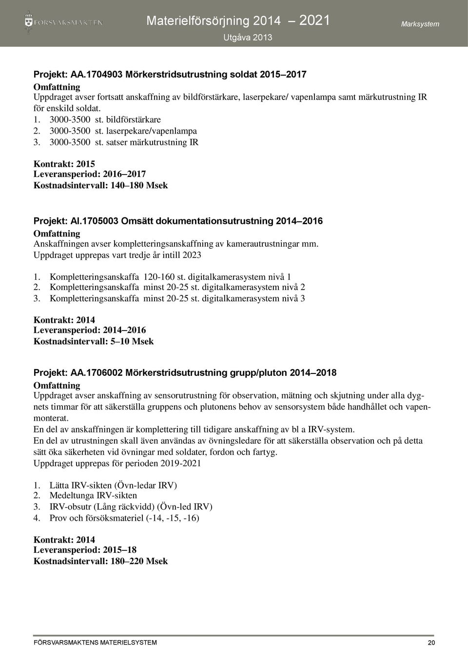 1705003 Omsätt dokumentationsutrustning 2014 2016 Anskaffningen avser kompletteringsanskaffning av kamerautrustningar mm. Uppdraget upprepas vart tredje år intill 2023 1.
