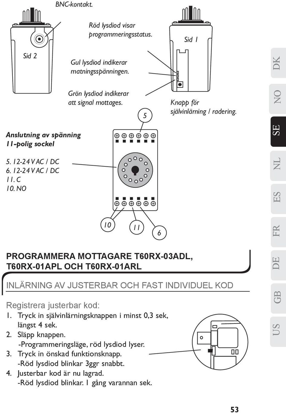 PROGRAMMERA MOTTAGARE T60RX-03ADL, T60RX-01APL OCH T60RX-01ARL 10 11 5 6 Knapp för självinlärning / radering.