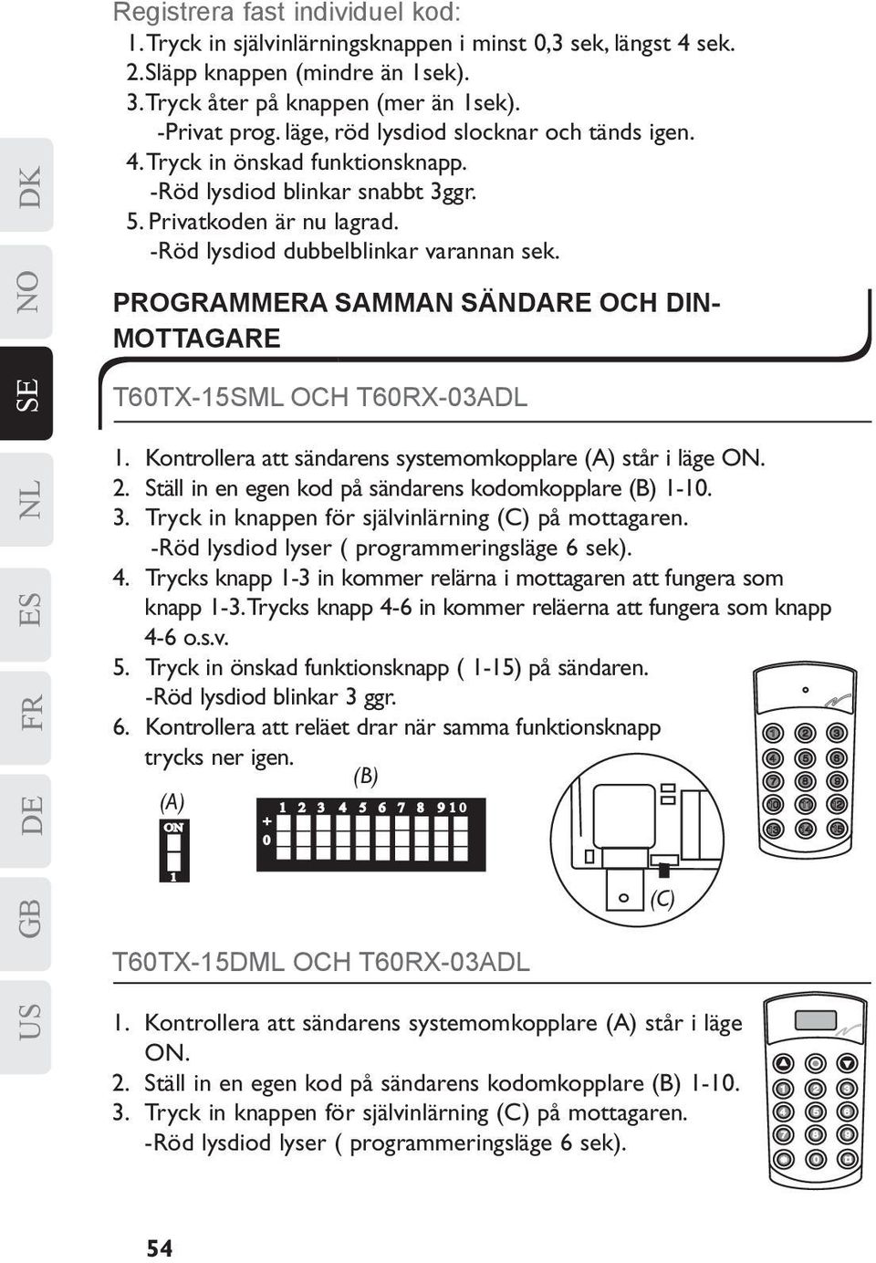 PROGRAMMERA SAMMAN SÄNDARE OCH DIN- MOTTAGARE T60TX-15SML OCH T60RX-03ADL 1. Kontrollera att sändarens systemomkopplare (A) står i läge ON. 2. Ställ in en egen kod på sändarens kodomkopplare (B) 1-10.