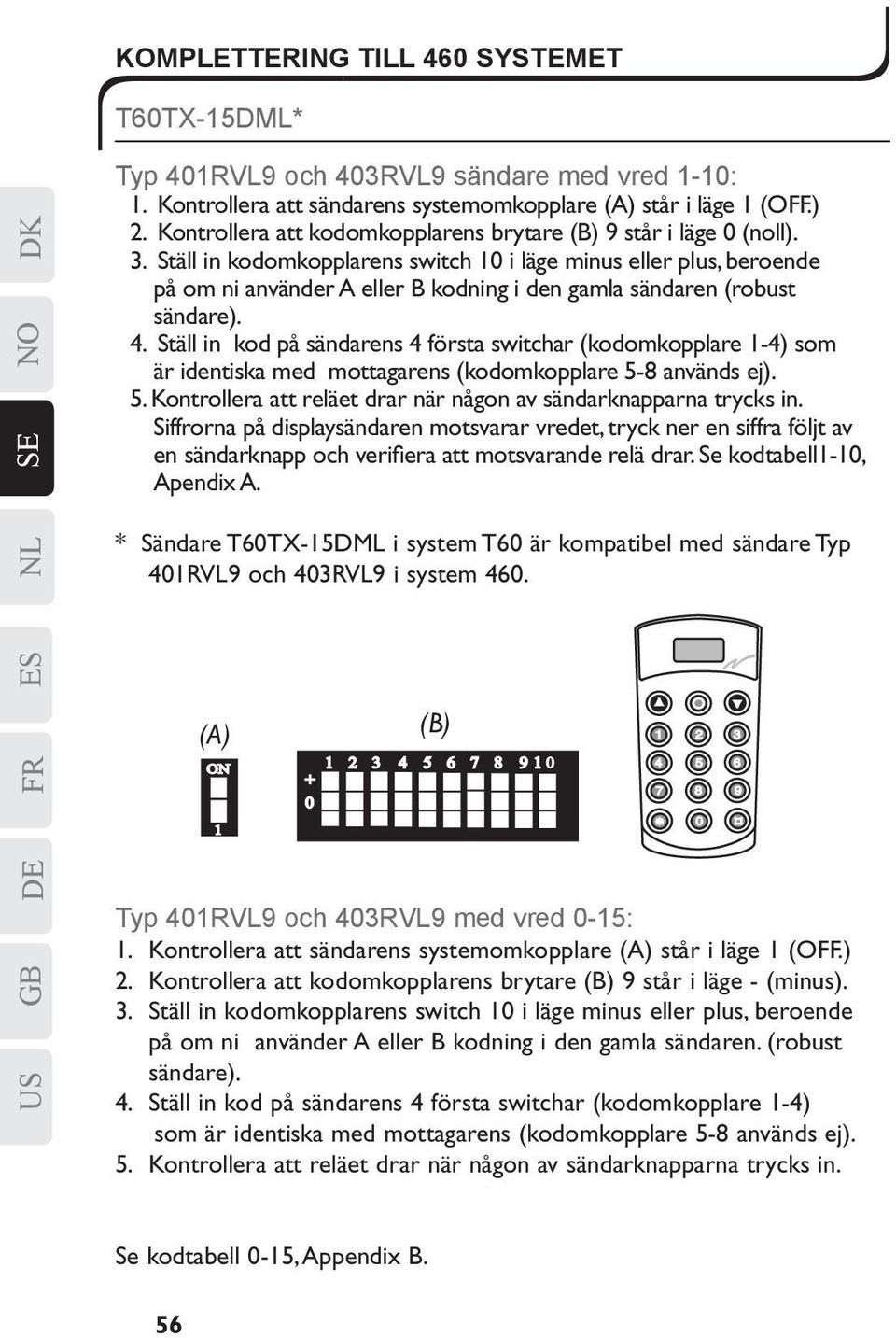 Ställ in kodomkopplarens switch 10 i läge minus eller plus, beroende på om ni använder A eller B kodning i den gamla sändaren (robust sändare). 4.