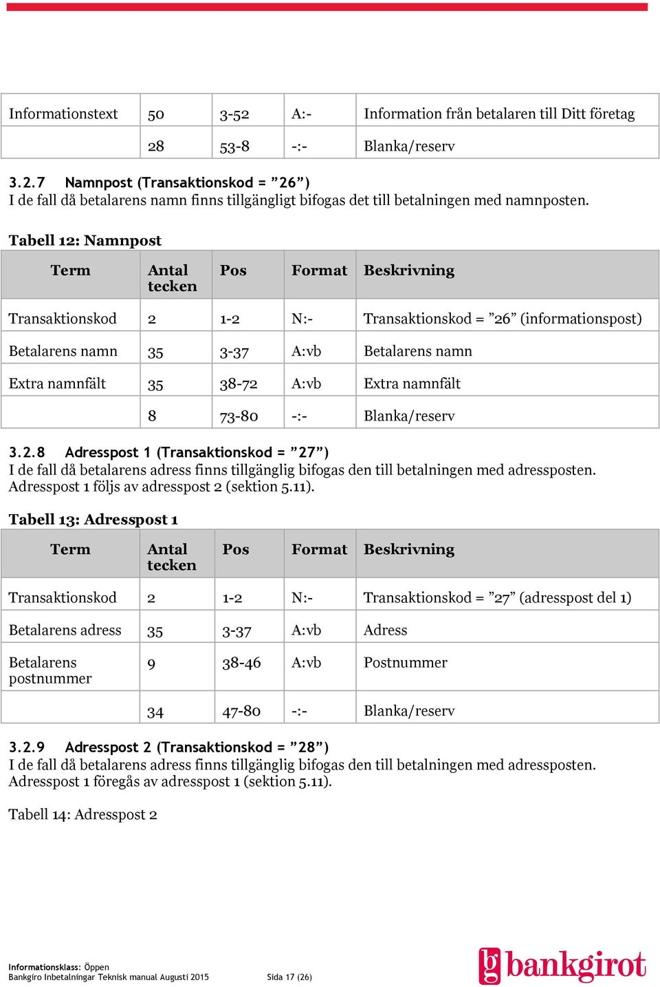 Extra namnfält 3.2.8 Adresspost 1 (Transaktionskod = 27 ) I de fall då betalarens adress finns tillgänglig bifogas den till betalningen med adressposten. Adresspost 1 följs av adresspost 2 (sektion 5.