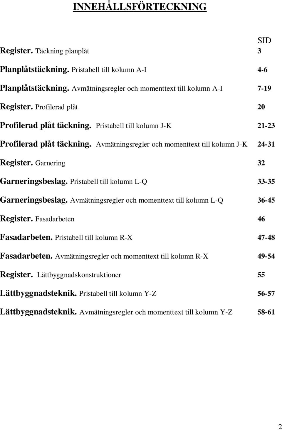 Pristabell till kolumn L-Q 33-35 Garneringsbeslag. Avmätningsregler och momenttext till kolumn L-Q 36-45 Register. Fasadarbeten 46 Fasadarbeten. Pristabell till kolumn R-X 47-48 Fasadarbeten.