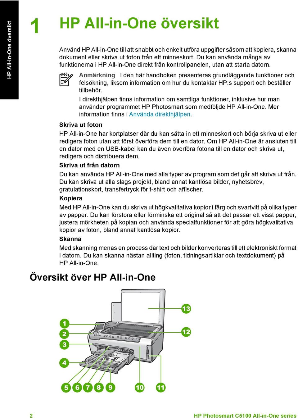 Anmärkning I den här handboken presenteras grundläggande funktioner och felsökning, liksom information om hur du kontaktar HP:s support och beställer tillbehör.