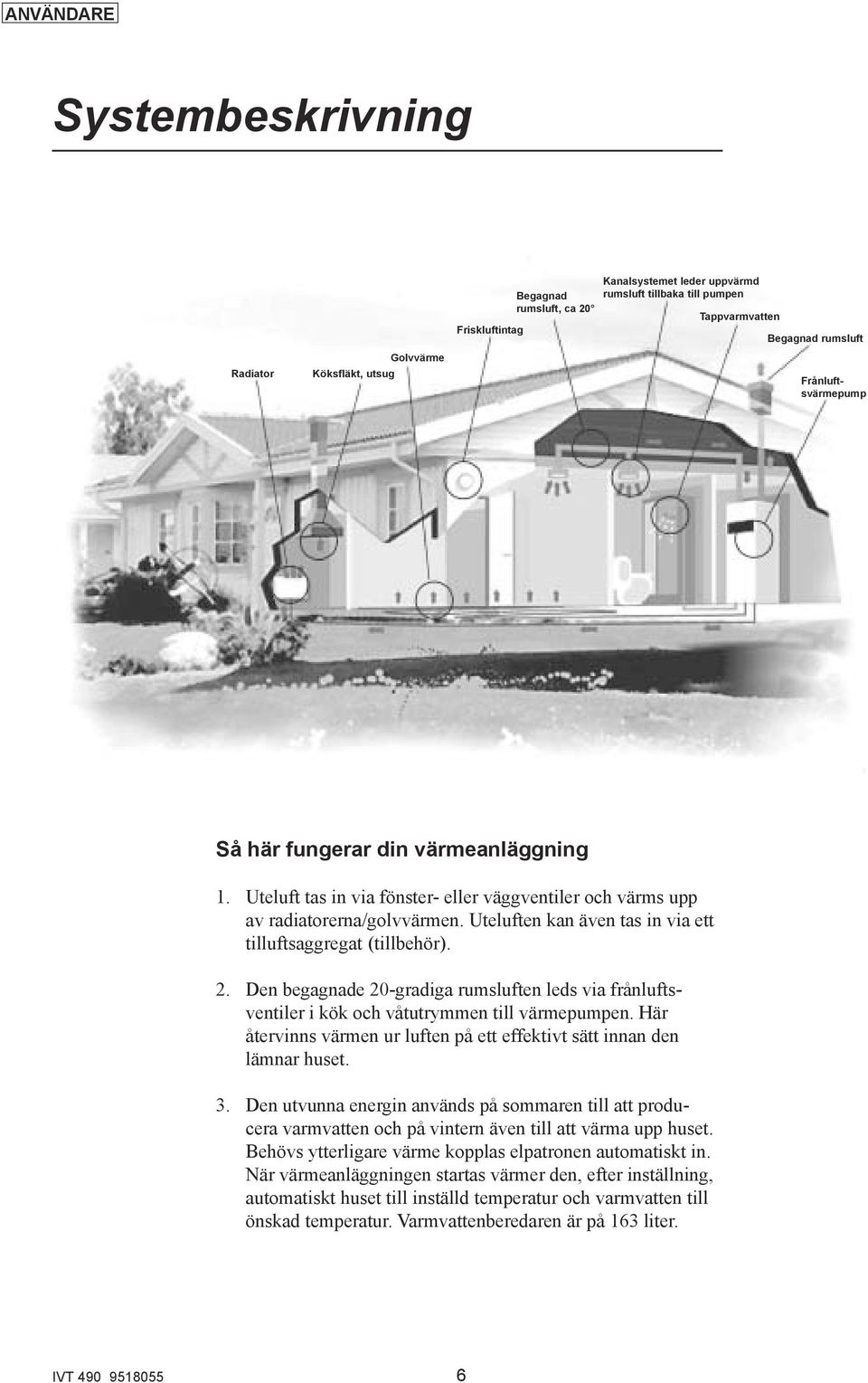 Uteluften kan även tas in via ett tilluftsaggregat (tillbehör). 2. Den begagnade 20-gradiga rumsluften leds via frånluftsventiler i kök och våtutrymmen till värmepumpen.