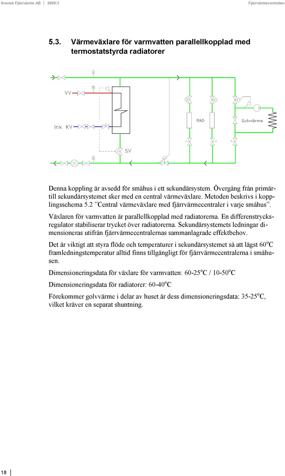 Växlaren för varmvatten är parallellkopplad med radiatorerna. En differenstrycksregulator stabiliserar trycket över radiatorerna.