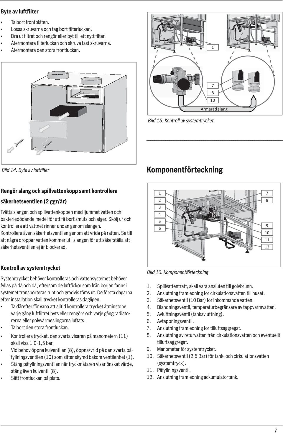 Byte av luftfilter Komponentförteckning Rengör slang och spillvattenkopp samt kontrollera säkerhetsventilen (2 ggr/år) Tvätta slangen och spillvattenkoppen med ljummet vatten och bakteriedödande