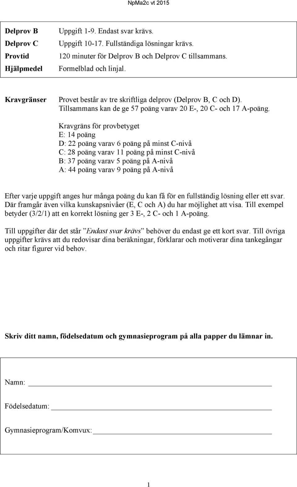 Kravgräns för provbetyget E: 14 poäng D: 22 poäng varav 6 poäng på minst C-nivå C: 28 poäng varav 11 poäng på minst C-nivå B: 37 poäng varav 5 poäng på A-nivå A: 44 poäng varav 9 poäng på A-nivå