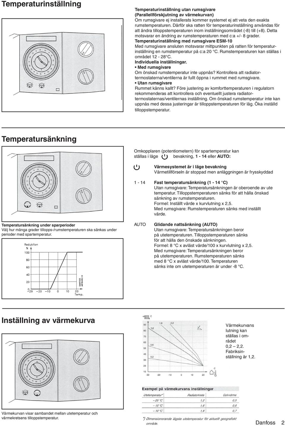 Temperaturinställning med rumsgivare ESM-10 Med rumsgivare ansluten motsvarar mittpunkten på ratten för temperaturinställning en rumstemperatur på c:a 20 C.