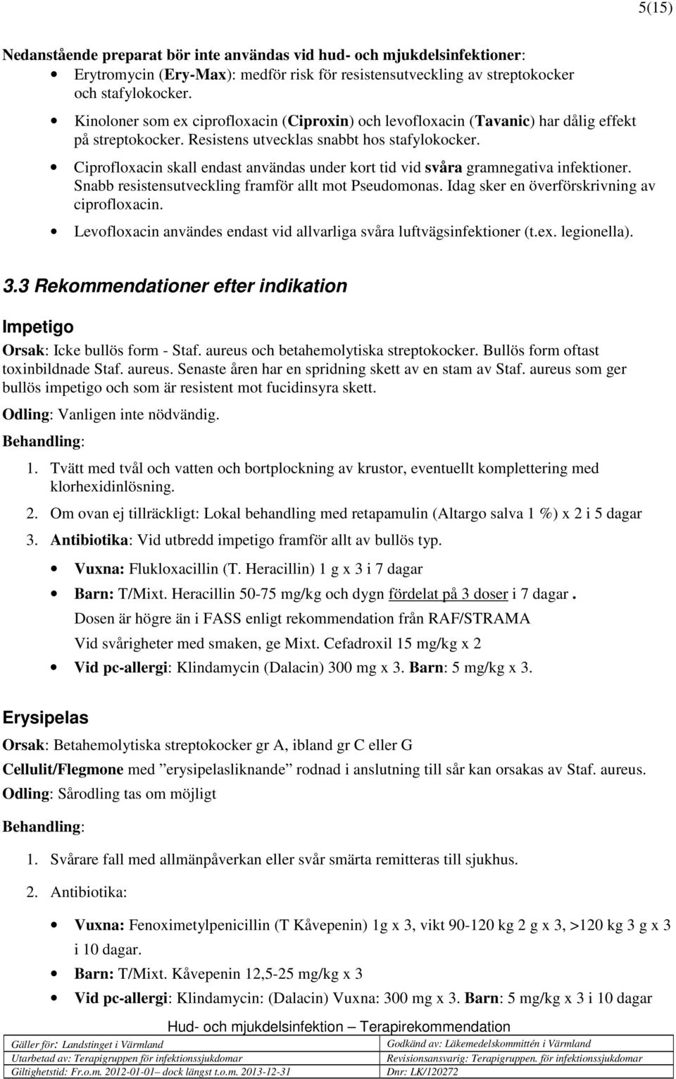 Ciprofloxacin skall endast användas under kort tid vid svåra gramnegativa infektioner. Snabb resistensutveckling framför allt mot Pseudomonas. Idag sker en överförskrivning av ciprofloxacin.