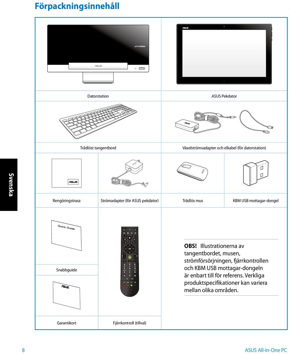 Illustrationerna av tangentbordet, musen, strömförsörjningen, fjärrkontrollen och KBM USB mottagar-dongeln är enbart