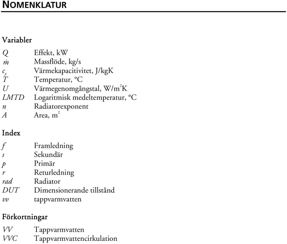 Radiatorexponent A Area, m 2 Index f s p r rad DUT vv Framledning Sekundär Primär