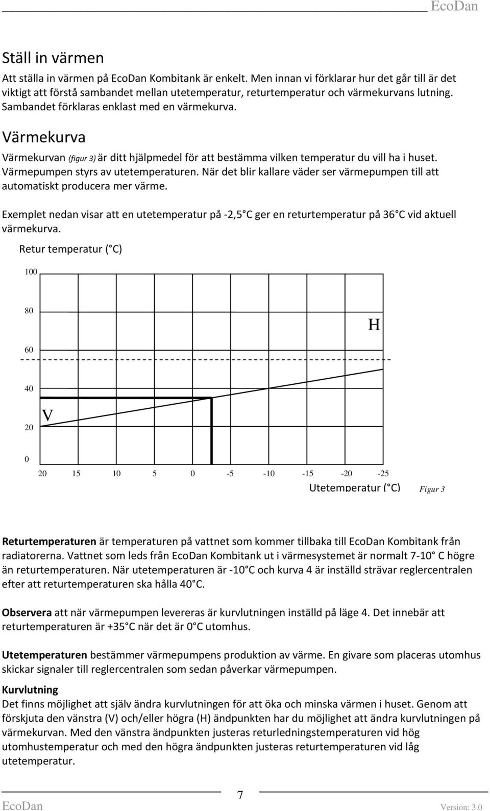 Värmekurva Värmekurvan (figur 3) är ditt hjälpmedel för att bestämma vilken temperatur du vill ha i huset. Värmepumpen styrs av utetemperaturen.