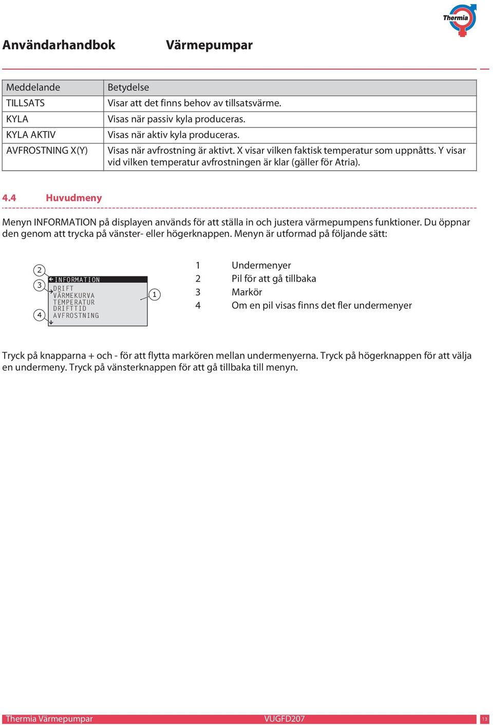 4 Huvudmeny Menyn INFORMATION på displayen används för att ställa in och justera värmepumpens funktioner. Du öppnar den genom att trycka på vänster- eller högerknappen.