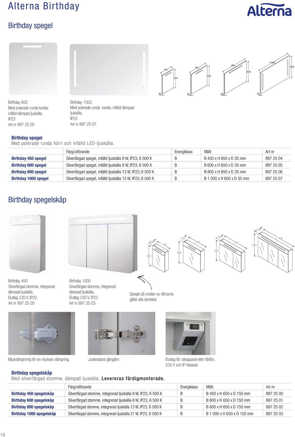 Färg/utförande Energiklass Mått Art nr Birthday 450 spegel Silverfärgad spegel, infälld ljuskälla 8 W, IP23, 6 500 K B B 450 x H 650 x D 35 mm 897 25 04 Birthday 600 spegel Silverfärgad spegel,