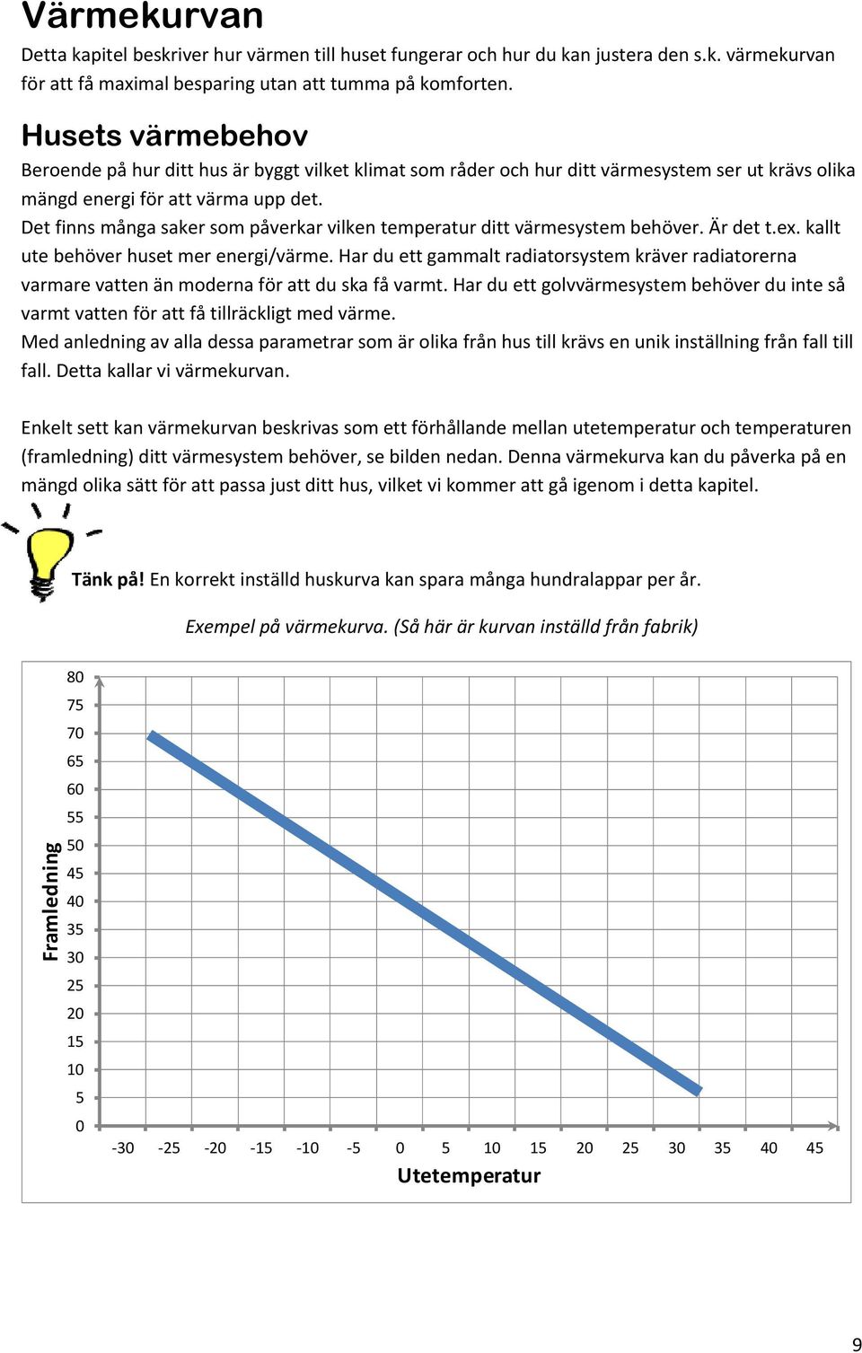 Det finns många saker som påverkar vilken temperatur ditt värmesystem behöver. Är det t.ex. kallt ute behöver huset mer energi/värme.