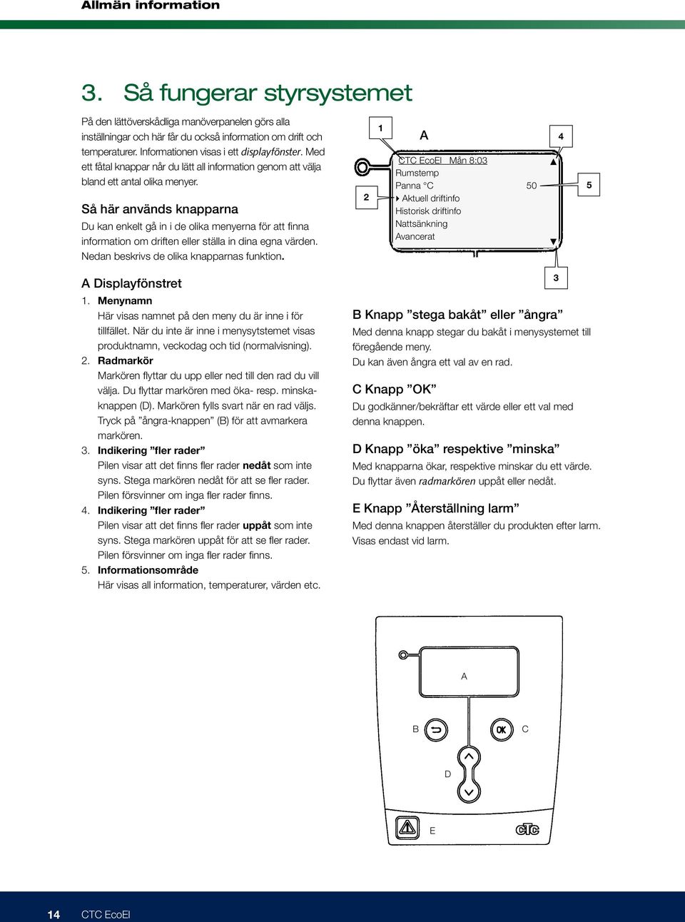 Så här används knapparna Du kan enkelt gå in i de olika menyerna för att finna information om driften eller ställa in dina egna värden. Nedan beskrivs de olika knapparnas funktion.