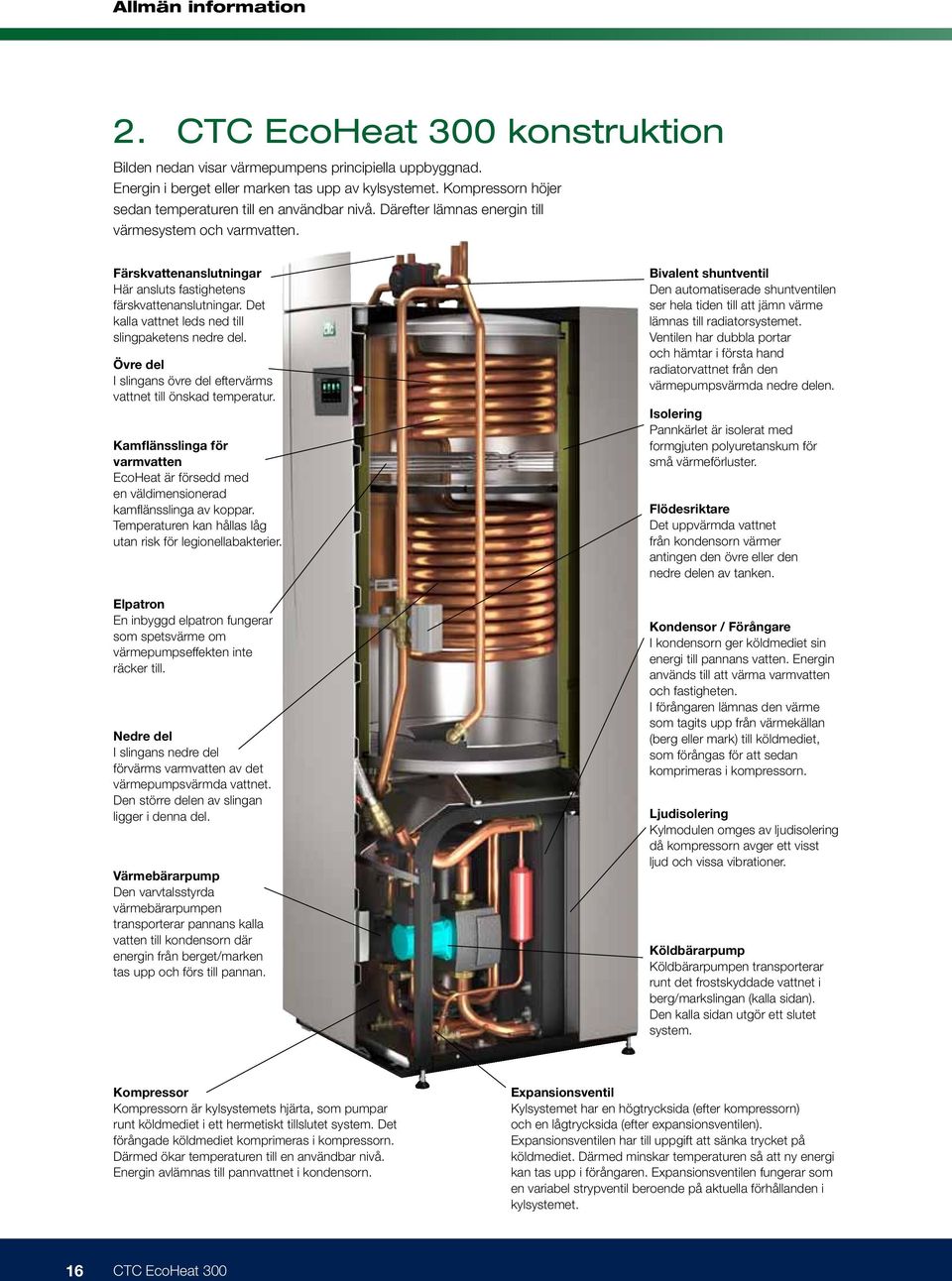 Det kalla vattnet leds ned till slingpaketens nedre del. Övre del I slingans övre del eftervärms vattnet till önskad temperatur.